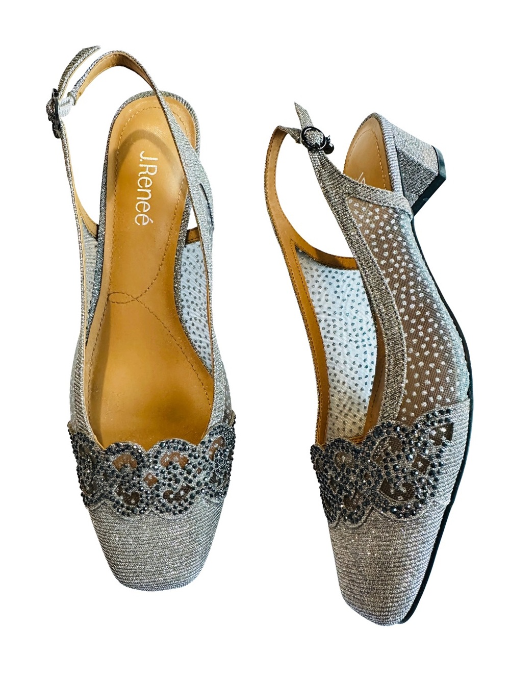 J. Renee Faleece Elegant Rhinestone & Lace Slingback Heels 10